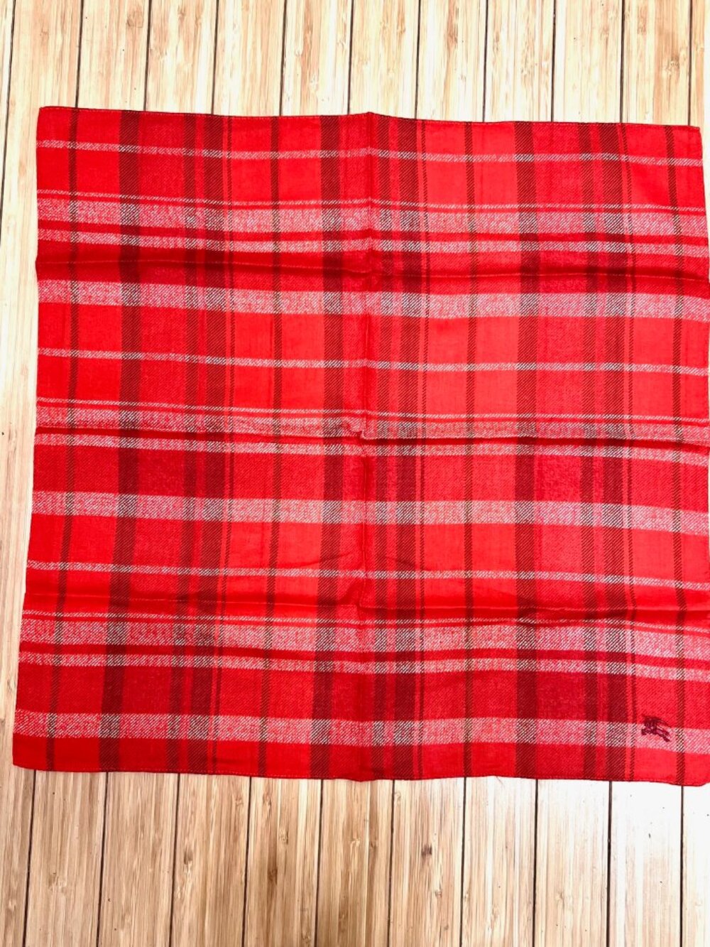 New Never worn Burberry Neck-kerchief 19.5" red black gray check embroidered(95 - Picture 7 of 12